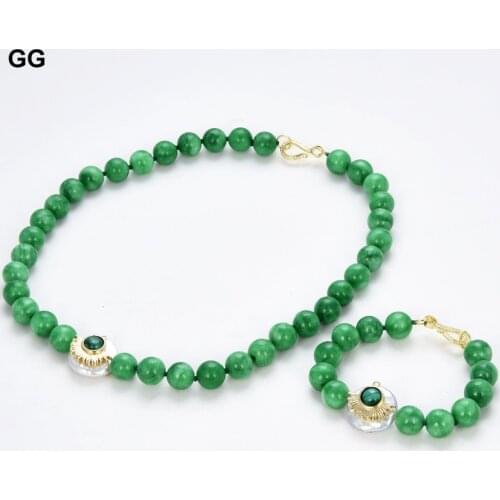 GuaiGuai Jewelry Natural Freshwater Cultured Coin Pearl Green Jades CZ Pave Malachite Sun Necklace Bracelet Sets For Women