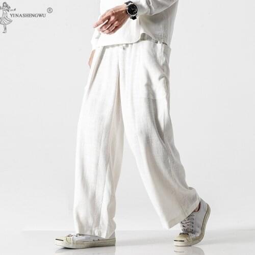 Kimono Japanese Costume Men Linen Cotton Loose Pants Japanese Kimono Wide Leg Trousers Male plus size Chinese Style Pants