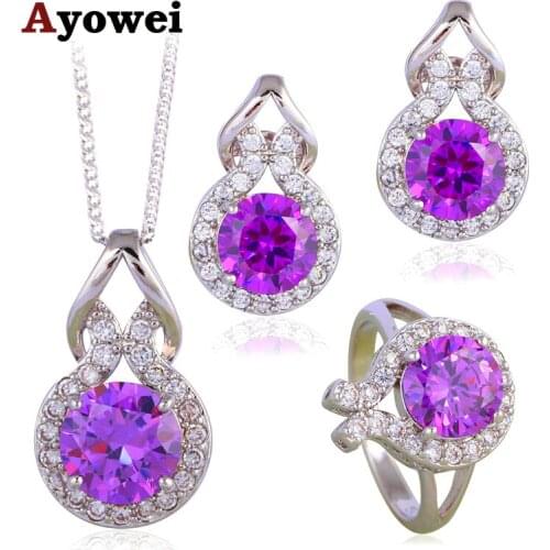 Elegant Crystal Fashion Jewelry Set Silver Stamped Purple Zirconia Clip Earrings Necklace Ring for Women JS626A