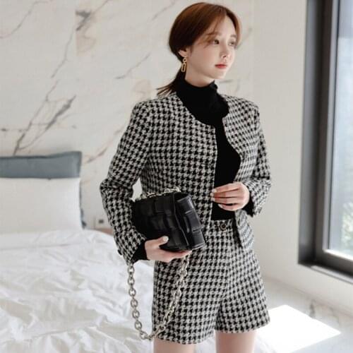 New arrival fashion houndstooth set for women OL professional jacket and high-waist slim shorts trend two piece set temperament
