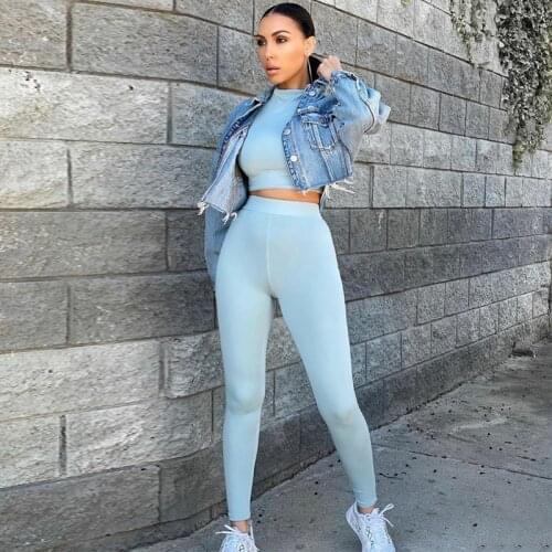 Hugcitar 2020 Long Sleeve Sexy Crop Tops Leggings 2 Pieces Set Summer Women Streetwear Outfits Pure Tracksuit Joggings Suit