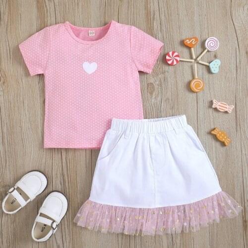 Summer Girl Love Short Sleeve Round Neck Polka Dot Top Elastic Mesh Short Skirt Two-Piece Baby Girl Suit Suitable For 2-7 Years