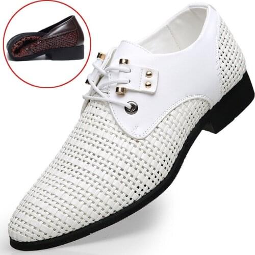 Men Leather Shoes Summer Breathable Business Dress Men Shoes Fashion Soft Mens Loafers Flats For Male Hollow Woven Men Sandals