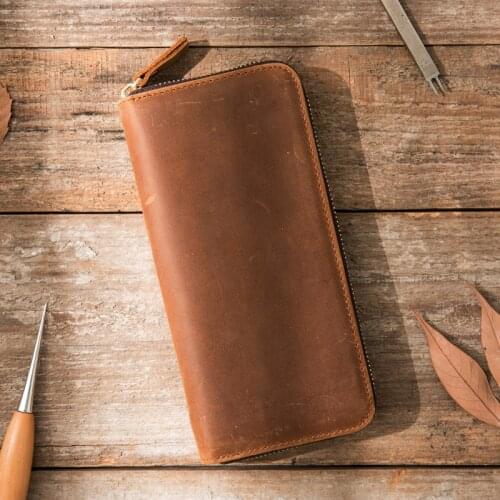 Vintage Crazy Horse Leather Handmade Leather Mens Zip Wallet Long Large Capacity Multi Card holder Frosted Wallet men purse