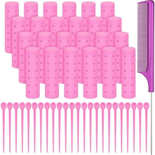 Hair Rollers Set, Includes 24 Plastic Smooth Hair Rollers 0.71 Inch/ 1.8 cm Hair Curlers with Steel Pintail Comb Rat Tail Comb