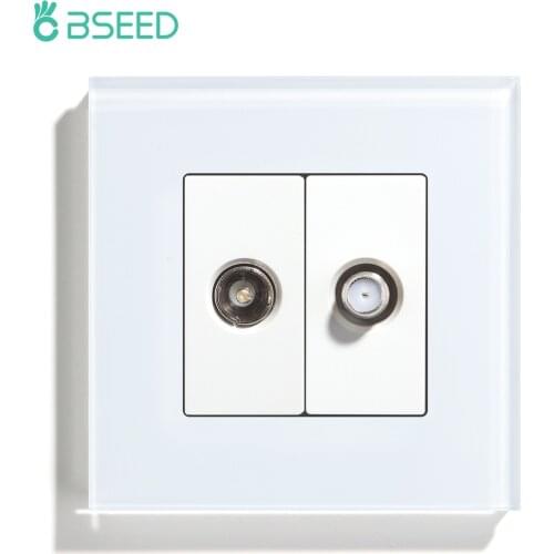 BSEED TV Wall Power Socket Satellite Wall Socket Outlets Tempered Glass Panel White Black Gold