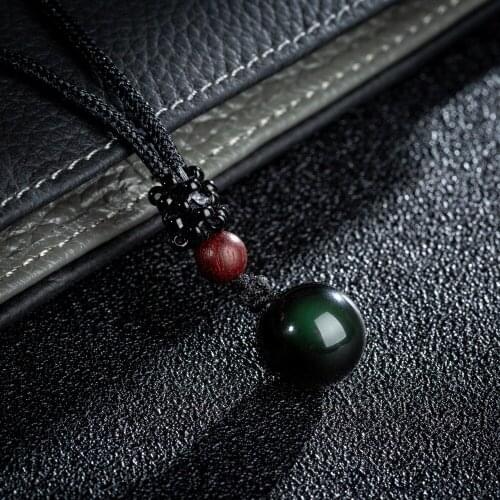 Real Obsidian Pendant Necklace Quality Smooth Round Stones Adjustable Rope Chains 12mm 14mm 16mm 18mm Options