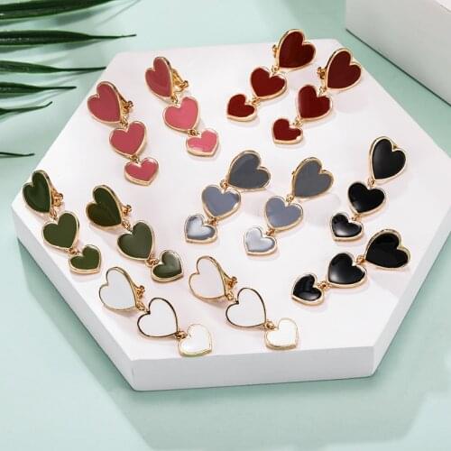 New Fashion Enamel Long Heart Clip on Earrings Non Pierced for Women Black White Six Color Metal Gold Ear Clips Klipsy Jewelry