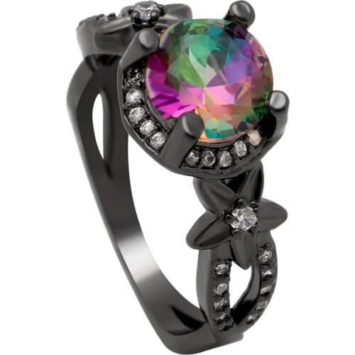 Hainon Zircon Inlaid Flower Black Gold Color Wedding Rings for Women Rainbow/Red Rhinestone Engagement Ring for Female Jewelry