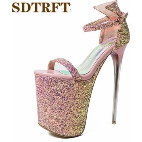SDTRFT Zapatos Mujer Summer Pumps Nightclub Bling Sexy Platform Shoes Woman Buckle Sandals 20cm thin heels sequins wedding pumps