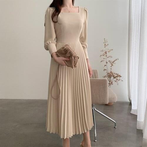 SMTHMA 2021 New Autumn Korea Chic Pleated Dress Womens Long Sleeve Casual Solid Temperament Lady Vestido Da Festa