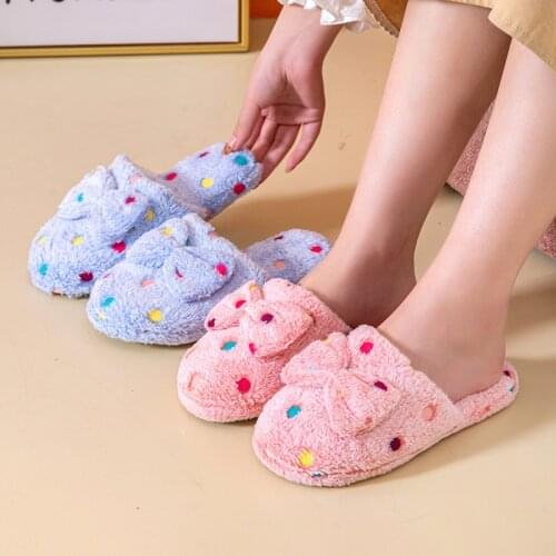 Womens Autumn And Winter Slippers Cute Bow Warmth Thick Plush PVC Non-Slip Home Leisure Soft Bedroom Floor Shoes