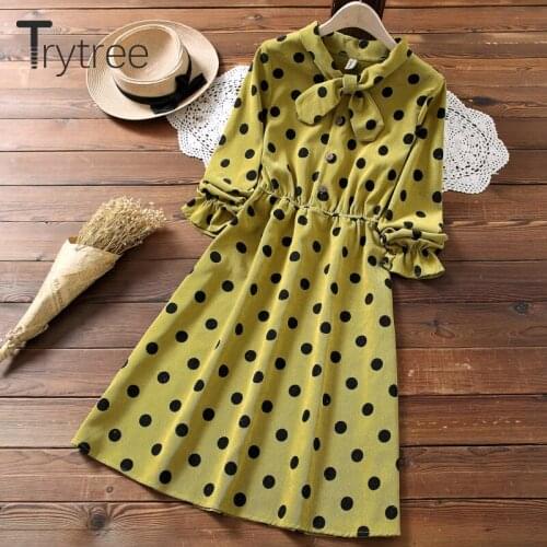 Trytree 2021 Spring Autumn Womens Dress Casual Bow Collar Sweet Corduroy Dot Elastic Waist Office Lady Shirt Dress