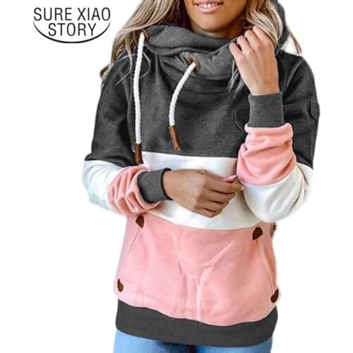 Women Patchwork Hooded Sweatshirt Autumn Winter Loose Harajuku Drawstring Hoodie Casual Long Sleeve Pullover Tops Female 17138