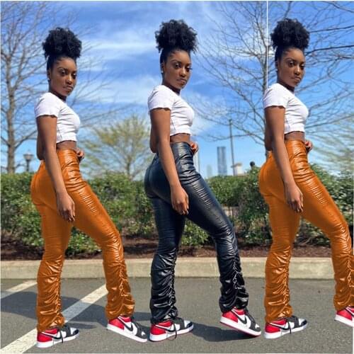 Echoine Women Sexy Solid Color Pleated Long Pants Elastic Waist Sweatpants Faux Leather Pantacourt Female Trousers Female Outfit