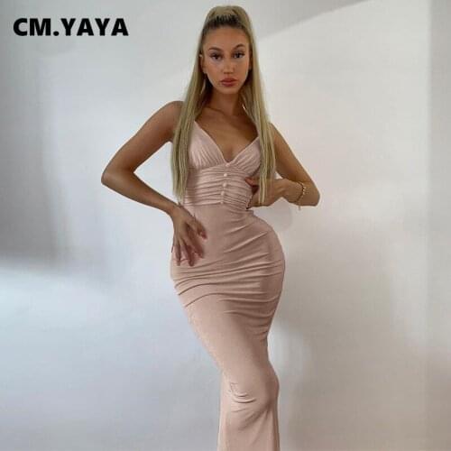 CM.YAYA Women Long Dress Solid Sleeveless Strap V-neck Button Skinny Back Slited Pencil Dresses Sexy Party Vestidos Summer 2021
