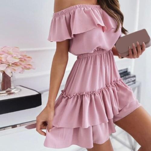 Women Dress Casual Dress Solid Color Short-sleeve Loose Dress One Word Collar Fashion Off-shoulder Ruffle Dress Summer