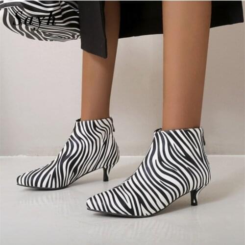 Winter Women Zebra Stripes Ankle Boots Leather Mid Heels Shoes Zipper Female Pointy Toe Warm Boot Plus Size Shoes