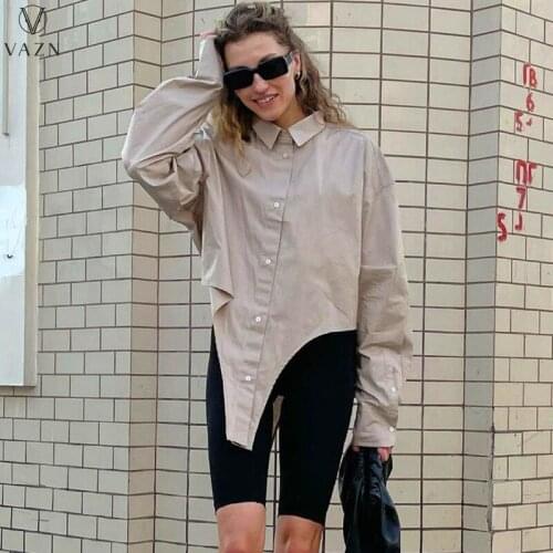 VAZN 2021 Autumn Asymmetrical Long Style Chiffon Shirts Young Solid Sexy Club Full Sleeve Women Slim Shirts