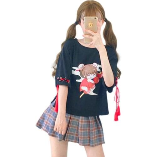 2021 Summer Cartoon Chinese Girl Print Tshirt Women Tassels Lace Up Short Sleeve T-shirt Teenagers Girls Kawaii Sweet Tee Shirt