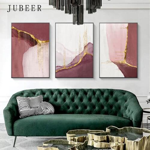 Abstract Golden Pink Canvas Painting Nordic Color Block Posters Print Modern Gold Wall Pictures for Living Room Bedroom Wall Art