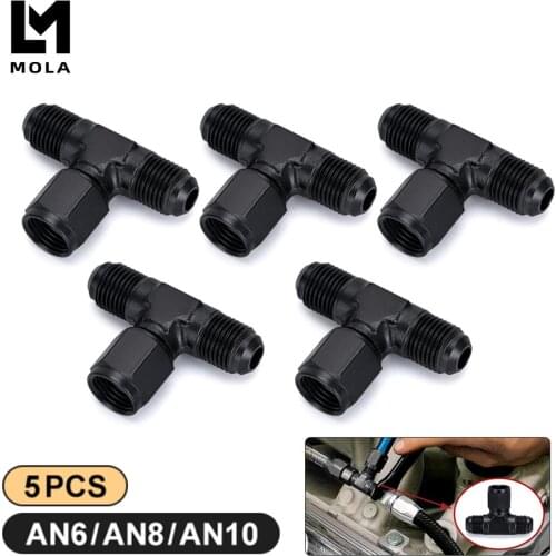 Aluminum Flare Tee Fitting AN6 AN8 AN10 Female To Male Tee On Side Thread Fitting Adapter Black 5 Pack