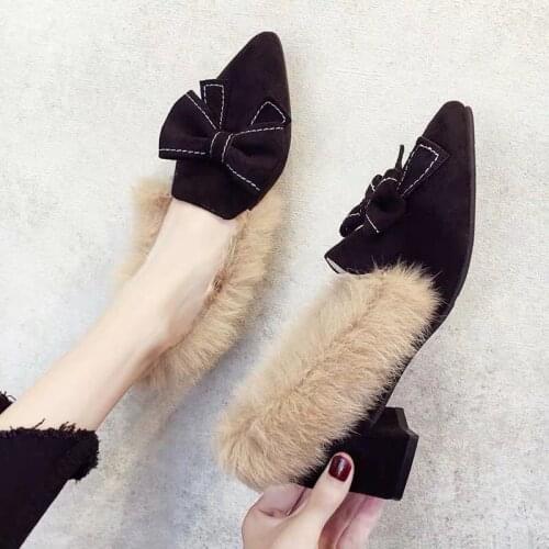 Bean shoes womens winter plus velvet 2020 autumn new wild pointed bow thick heel high heel shoes