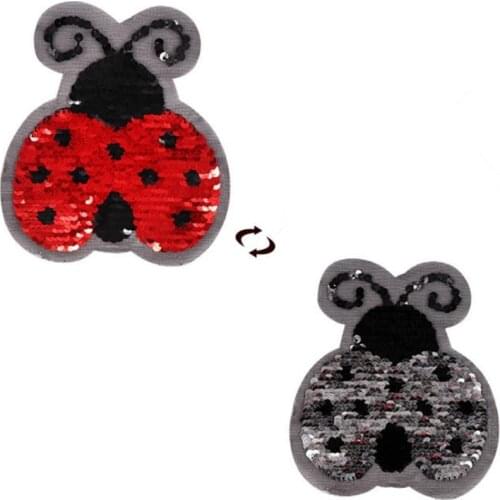 ShinEquin Red Ladybug flip the double sided Patches for clothing Diy Reversible change color sequins Patch T-shirt Girl Stickers