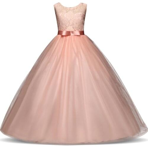 Kids Long Prom Dresses for Girls Lace Party Formal Gowns Classic Children Dress Bow in Sash Tulle Teen Clothing Elegant Dress