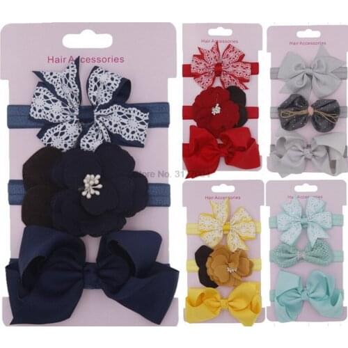 DHL 500set 3pc/set Kids Elastic Floral Headband Girls Kawaii Bowknot Flower Lace Headwear Set