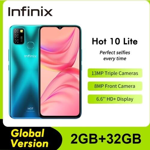 Global Version Infinix Hot 10 Lite X657C 6.6''HD+ 2GB 32GB 1600*720 5000mAh 13MP Triple Camera 10WCharger Helio A20 Mobile Phone
