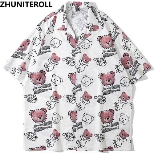 Harajuku Holiday Hawaiian 2021 Beach Shirts Cartoon Bear Graphics Print Hip Hop Button Shirt Mens Short Sleeve Party Blouse Tops