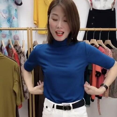 Cotton Turtleneck Half-Length Sleeve T-shirt Womens Autumn Top