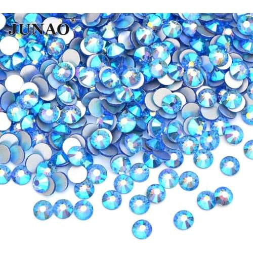 JUNAO 1440pc SS16 SS20 SS30 Light Blue AB Glass Nail Crystal Rhinestone Applique Round Nail Art Stones Flat Back Diamond Strass