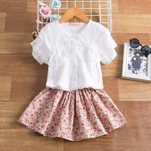 2-7Y Girls Summer Clothes Sets Short Sleeve Cute Ruffle Solid Color Tops+Flower Skirts 2Pcs Outfits Children Clothing Suit