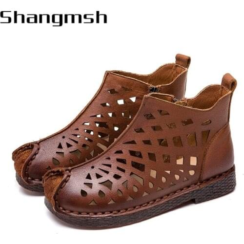 Summer Women Ankle Boots Handmade Genuine Leather Hollow out Sandals Wedge Womens Shoes Soft Bottom Women Boots D1918-2