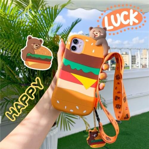 Cartoon Hamburger Bear Soft Silicone Phone Case for iPhone 12 Pro Max 6 7 8 Plus X XR XS MAX Cute Pendant Lanyard Phone Cover
