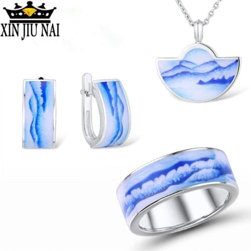 High Quality Blue Mountain Ocean Pendant Party Boutique Enamel Pendant Jewelry Set ring and earing sterling silver set blue