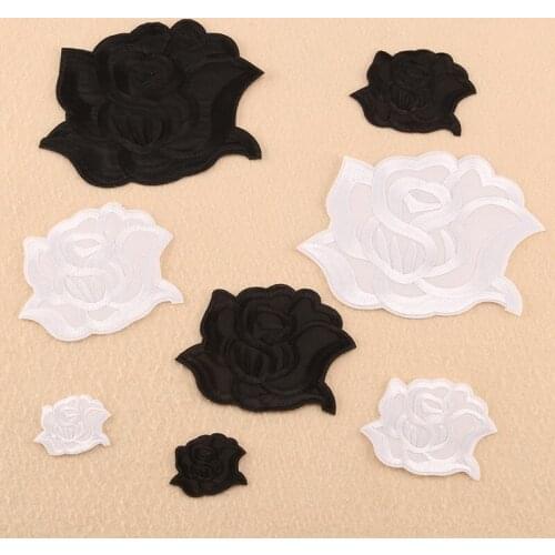 Rose Embroidery Patches For Clothing Iron On Patche For DIY clothes hats Appliques on T-shirt jeans Badge Stickers Black white