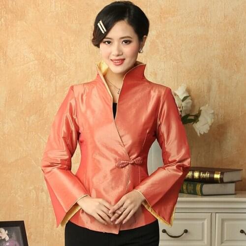 2021 New High Fashion Orange Lady Satin Coat Chinese Classic Elegant Top Solid Clothing Jacket Size M L XL XXL XXXL PF013