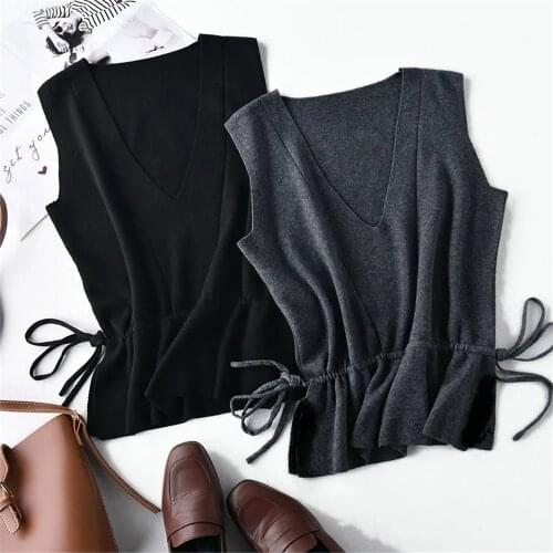 Autumn Women Gilet New Cashmere V-Neck Pullover Solid Knit Vest Sleeveless Drawstring Waist Korean Soft Vest Coat Oversize 4xl