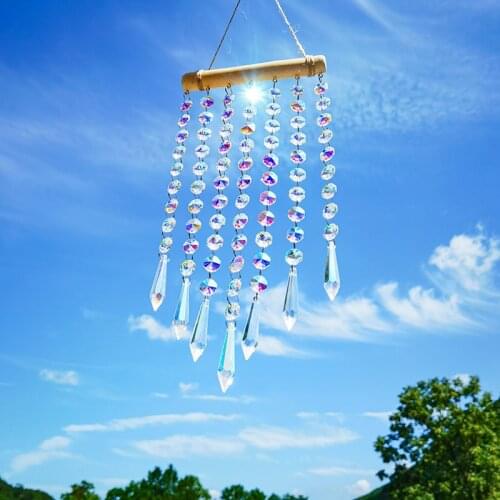 H&D Crystal Mobile Wind Chimes Glass AB Coating Icicle Prisms Pendant Rainnbow Maker Hanging Wall Art Ornament with Wooden Decor