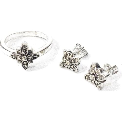 Silver Black Marcasite Stud Earrings & Rings, Fashion Jewelry Sets Marcasite Flower Earrings & Open Mouth Ring Gift For Women