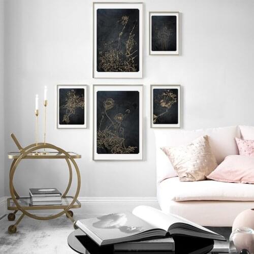 Modern Black Gold Abstract Flower Poster Canvas Print Wall Art Picture Luxury Decorative Painting for Living Room Bedroom Decor