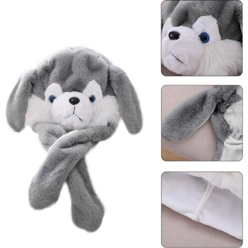 Unisex Light Up Husky Plush Animal Hat with Moving Ears Funny Puppy Dog LED Glowing Earflap Cap Stuffed Toys Cosplay Photo Prop