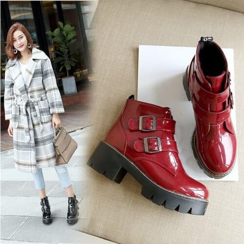 YQBTDL Autumn Spring 2020 Fashion Block High Heel Motorcycle Biker Combat Boots for Women Patent Pu Black Red Ankle Boots Shoes