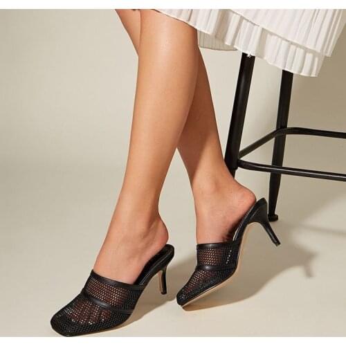 New Design Hollow Breathable Mesh Woman Thin High Heels Slippers Summer Vintage Square Toe Sandals Mules Femme Shoes Pumps