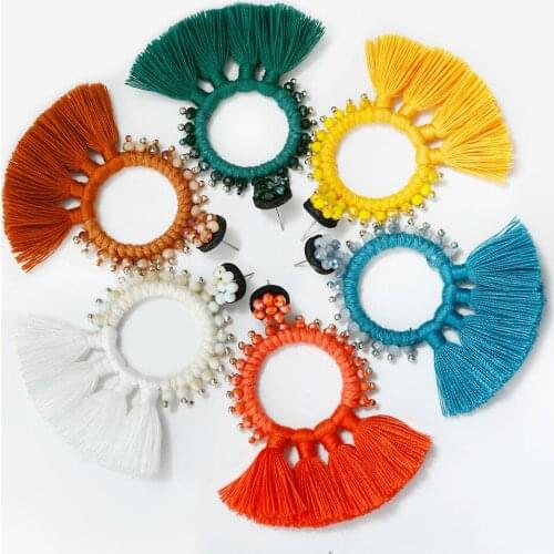 Royalbeier Fashion Boho Large Circle Alloy Earring Women Bohemian Bead Tassel Earrings Woman Handmade Dangel Earring