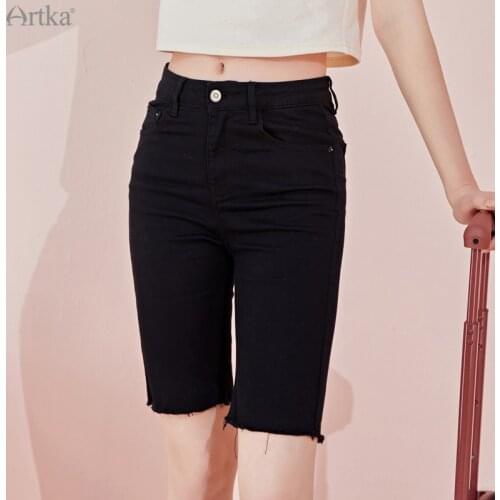 ARTKA 2021 Summer New Women Shorts Fashion Casual High Waist Black Denim Shorts Elasticity Slim Short Jeans With Pocket KN22014C