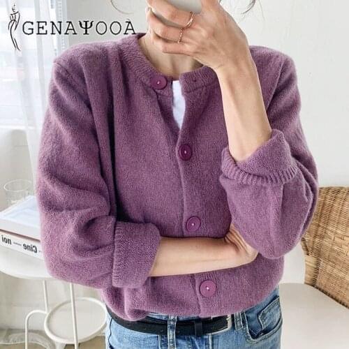 Genayooa Elegant Casual Cardigans Sweater Womens Knit 2020 Autumn Winter Single Breasted O-neck Ladies Cardigan Korean Style